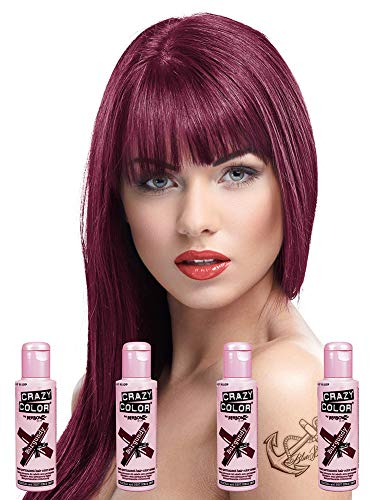 Crazy Color Semi-Permanent Hair Color Cream 4 Bottles of Burgundy 100 ml