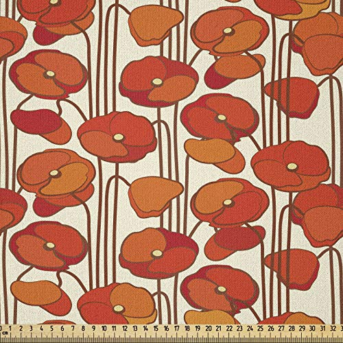 ABAKUHAUS Blumen Stoff als Meterware, Mohnblumen Retro Frühling, Microfaser Stoff für Dekoratives Basteln, 1M (230x100cm), Orange und Elfenbein