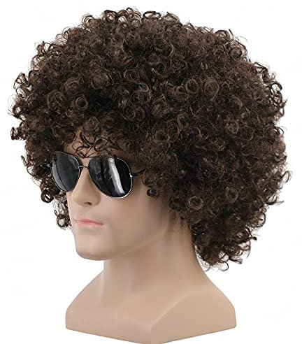 Yuehong Kurze Dunkelbraun Lockige Afro Perücke Flauschige 70er 80er Jahre Disco Cosplay Party Perücke mit Hitzebeständige Synthetische Fasern für Unisex Männer Frauen (Dunkelbraun)