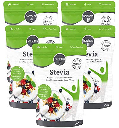 BORCHERS Schugga green, Kristalline Streusüße 5x 300g, Stevia-Erythrit Mischung, 1:1 wie Zucker, kalorienfrei & zuckerfrei, Zuckerersatz, Süßungsmittel, Zuckeralternative