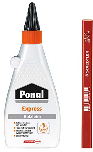 Ponal Express Holzleim in 5 Minuten trocken, transparenter Holzkleber für vielseitige Verleimungs- & Bastelarbeiten, Spar-Set mit 550 g Holzleim und einem hochwertigen Zimmermanns-Bleistift