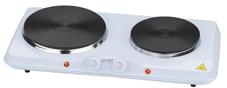 TZS First Austria Kochplatte, elektrisches Doppelkochfeld aus Gusseisen, Herdplatten für Zuhause, Camping & Reisen, Thermostat mit 5 Temperaturstufen, in Weiß, 2500 W