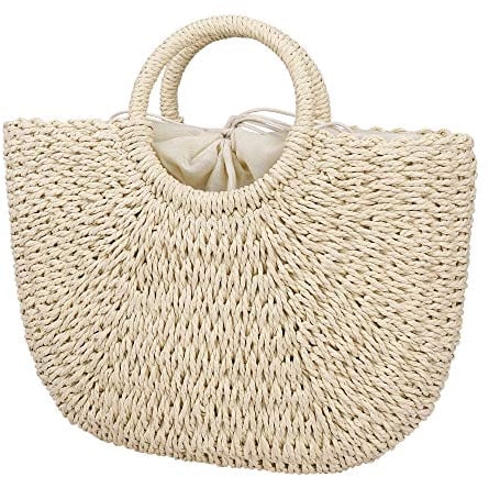 Sac à Main en Paille pour Femmes, Rond Sac de Plage Panier en Rotin Tissé Sac à Bandoulière d'été Fourre-tout Sac D'épaule pour Voyage Vacances Achats et Prendre des Photos