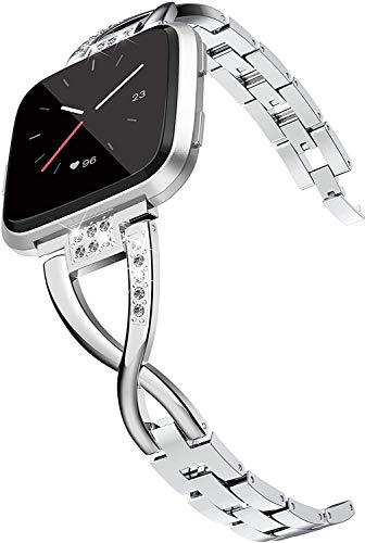 Wearlizer Für Fitbit Versa Armband/Für Fitbit Versa 2 Armband, Metall Strass Band für Fitbit Versa Lite, Kein Werkzeug nötig, Silber