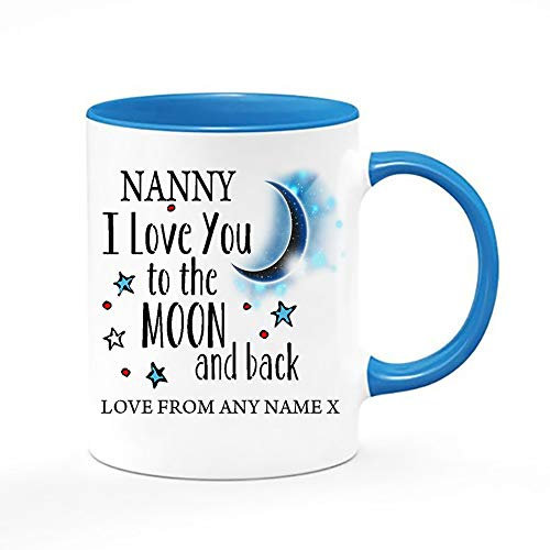 Personalised Nanny I Love You to The Moon & Back Coffee Tea Cocoa Soup Daily use Mug Valentine's Day Birthday Party gage Keepsake Unique Ceramic Cup Mug. (Blue Inside and Handle)