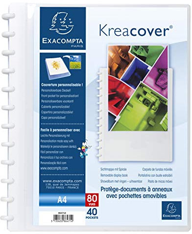 Exacompta - Réf. 86471E - 1 Protège-documents amovible à anneaux avec 40 pochettes grainées détachables - 80 vues - pour A4 - dim 24,5x31cm - couverture rigide personnalisable Kreacover -blanc