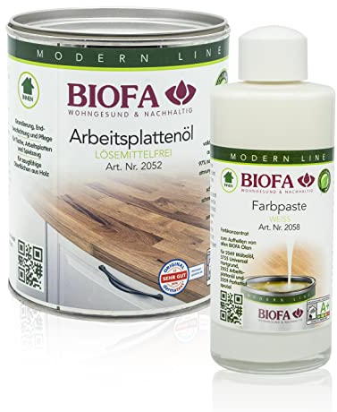 Biofa Arbeitsplattenöl 1 Liter WEISS, lösemittel- und kobaltfrei, Grundierung, Endbeschichtung u. Pflege für Tische, Arbeitsplatten, Spielzeug, Schneidebretter, SET mit Farbpaste weiß 0,15 L