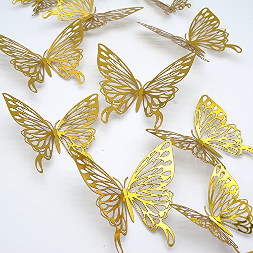 Schmetterlinge 3D Wanddeko, CAYUDEN 24 Stück 3 Größen Gold Schmetterlinge Wanddeko 3D Schmetterlinge zum Aufkleben Wandaufkleber Schmetterlinge für die Wand, Zimmer, Hochzeit, Party Dekoration