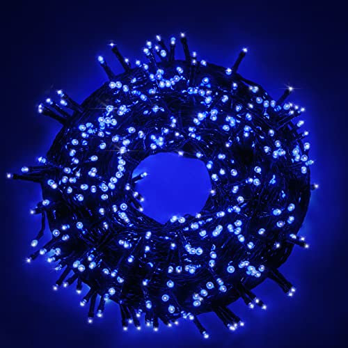 Luccika stringa natalizia con luci a led su cavo verde per uso interno ed esterno controller 31V con 8 giochi di luce e memoria (Blu, 9 Metri con 180 Led)