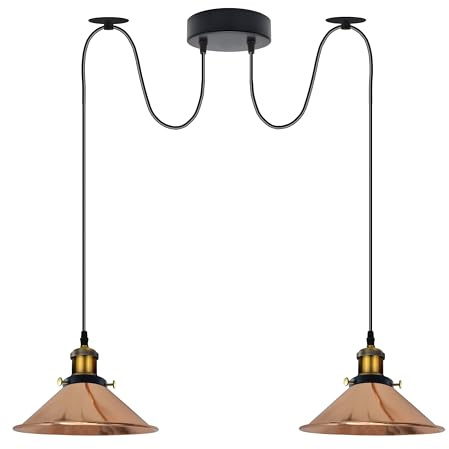 LEDSone Vintage 2-Kopf-Licht Spinnenlampe Pendelleuchte Höhenverstellbarer Metallkegel Lampenschirm Retro Industrieller Deckenleuchter mit E27-Fassung(Gebürstetes Kupfer-1) (Roségold)