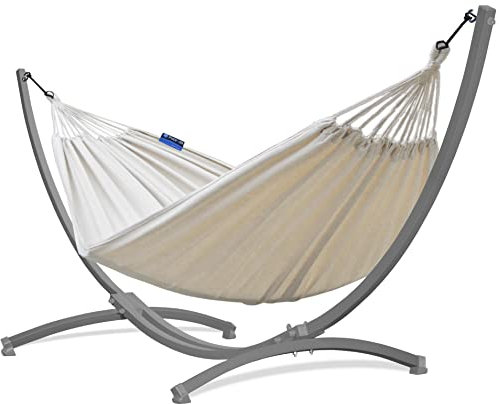 Potenza Outdoor Hängematte mit Gestell für 2 Personen I Baumwolle Doppelhängematte XXL 220x160, 200kg I Hängemattengestell 220kg, wetterfest (Ecru, Gestell Grau)