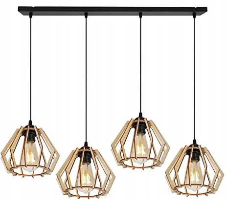Light-Home Timber Hängelampe aus Holz und Metall - Esstischlampe Industrial für Kuche und Esszimmer - Pendelleuchte über Esstisch Schwarz/Braun - 4 - Flammig Längs