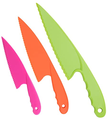 Cheeroyal Juego de cuchillos de cocina de plástico 3 uds, cuchillos de cocina de nailon coloridos seguros para niños, para ensaladas de lechuga, pasteles o frutas (mix)