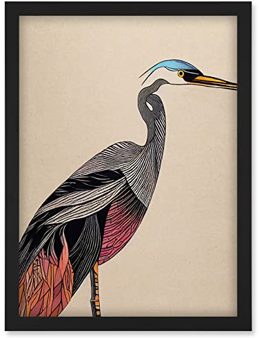 Doppelganger33 LTD Abstract Heron Bird Illustration Coral And Teal Hue Illustration Artwork Framed Wall Art Print A4