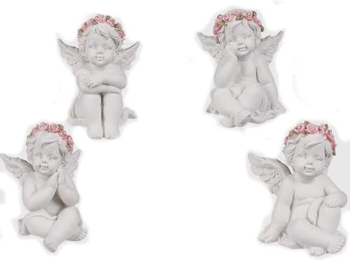 CBK-MS Engel sitzend mit rosafarbenen Rosenblütenkranz 4 Stück ca. 6 cm Deko Engel Figur