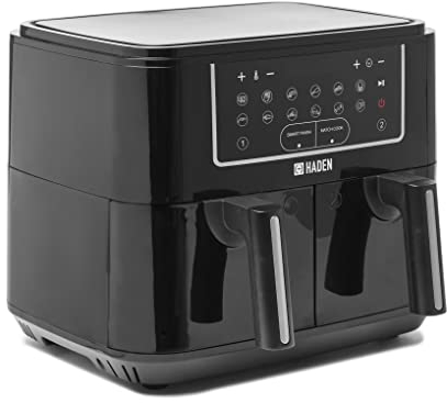 Haden 9L Dual Air Fryer - Smart Finish & Match Cook Technology, Preheat and 12 Auto-Cook Functions, 2600W, Oil-Free Healthy Cooking, Dishwasher-Safe Baskets, Black