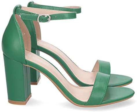 shoes&blues.es 74213 Sandalia de Tacon Alto para Mujer, Comoda, con Pala Fina Simple, Estilo Ankle Strap, y Cierre de Hebilla Verde Talla 38