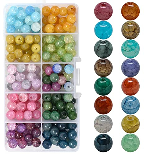 Lot de 200 Perle de Verre Rondes, 8mm Craquelé Assortiment Des Billes de Cristal avec Trou, Colorées Perles en Vrac Naturelles pour Bracelet la fabrication de Bijoux, Collier, Boucles d'Oreilles