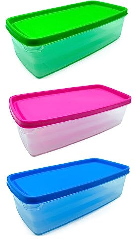 Tradineur - Pack de 3 Fiambreras rectangular - Fabricado en plástico - Capacidad de 1,25 Litros - Apta para microondas y lavavajillas - 7 x 23,5 x 12 cm - Tapa Color Aleatorio