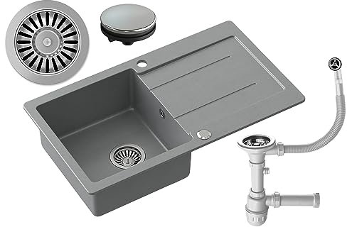 MyQ Fregadero de granito | tamaño: 77 x 44 x 18,5 cm, color: gris | PARIS 11 Fregadero de cocina Fregadero de una cubeta con escurridor y sifón manual | para armarios a partir de 50 cm