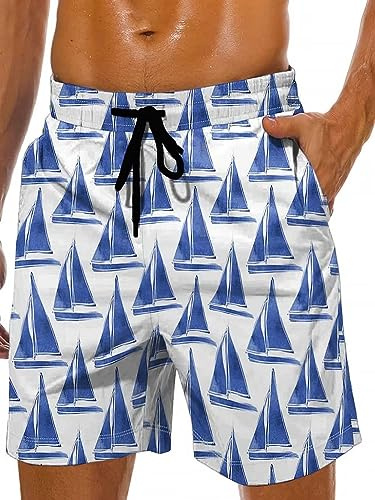 Lzzidou Men's Swim Trunks 9 Inch Inseam Bathing Suit Hawaiian Swimsuits Mesh Lining Beach Shorts with Pockets, White-sailboat, X-Large