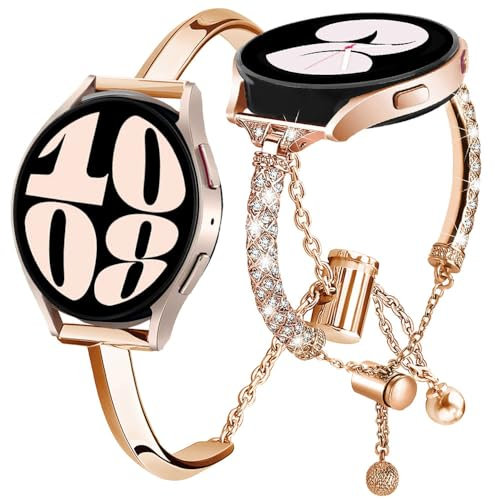 DEALELE 2-PACK Strap Compatible with Samsung Galaxy Watch 6 / 6 Classic / 5 / 5 Pro / 4 / 4 Classic / 3 41mm / Active 2, 20mm Bling Diamond Metal Replacement Bracelet for Huawei GT3 42mm (Rose gold)