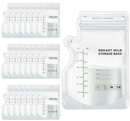50 Pcs Breast Milk Storage Bags, 250ml Disposable Milk Storage Bags with Pour Spout No-Leak Milk Freezer Storage Pouches for Breastfeeding