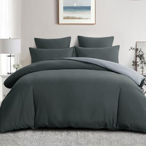 Aisbo Super King Size Duvet Cover Set - 3Pcs Reversible Bedding Bed Set Dark Grey and Light Grey Superking Soft Brushed Microfiber Quilt Cover with 2 Pillowcases 50x75cm