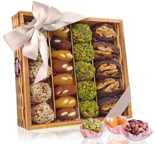 Gesunde Snacks Mix Geschenkkorb | vegane Süssigkeiten Mix | glutenfrei | getrocknete Aprikosen, Pistazien, Mandeln, Feigen mit Walnüsse, Datteln | Trockenfrüchte | Geschenkset (500g (mit Datteln))