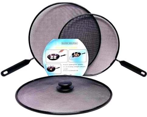 YSAMAX 3 x Metal Mesh Splatter, Guard Screen Cover, Heat Resistant Handle, Frying, Grill, Pan Knob, Lids Set Black, Anti Splatter Screen, Guard Oil Spit Cover, Frying Pan Lid