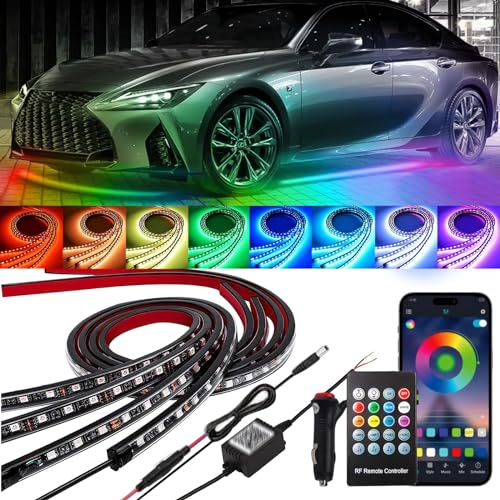 YUGUANG 4 teiliges Set unter Beleuchtung für Auto, Steuerung APP & Fernbedienung mehrfarbige Lichter synchronisiert mit Musik RGB Lichtstreifen wasserdicht für Autos, SUVs.