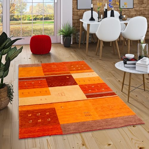 Natur Teppich Gabbeh Esta Rot Terrakotta Felder - Wollteppich - Handgewebt, Weich, Langlebig - Klassisches Design
