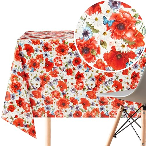 KP HOME PVC Wachstuchtischdecke Rechteckig 300x140 cm - Abwischbare Tischdecke Wasserdichtes für 10 Personen - Vinyl Tischtuch, Tischdecke Kunststoff mit Roten Mohnblumen, Blumenwiesenmuster