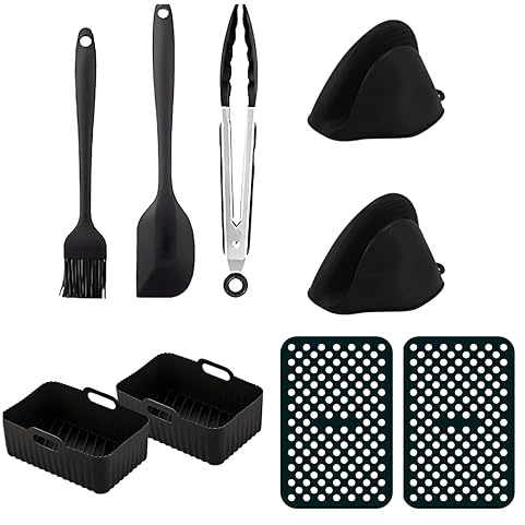 GRANZ Silicone Air Fryer Pot & Liners | 9 PCS Black Reusable Accessories Set for Ninja Air Fryer | Eco-Friendly Replacement for Disposable Paper Liners & Baking Mats