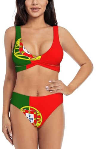 Maillot de bain femme imprimé drapeau portugais, bikini taille haute, maillot de bain deux pièces sport, Noir , S