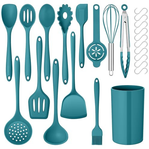 Onader Silicone Kitchen Utensils Set, 24 Pcs Cooking Utensils with 10 Hooks, Heat Proof Kitchen Tools Include Spatula Spoon Turner Tong for Non-Stick Cookware, Dark Blue