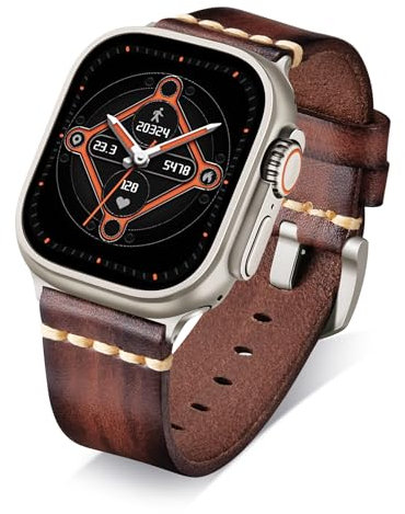 BINLUN Leather Strap Compatible with Apple Watch 38mm 40mm 41mm 42mm 44mm 45mm 46mm 49mm Handmade Retro Band Compatible with iWatch Series 10 9 8 7 6 5 4 3 2 1 SE SE2 Ultra Ultra2, 49mm, Light Brown