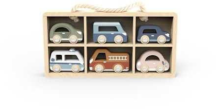 Speedy Monkey Set 6 Autos inklusive Setzkasten 29,6x3,5x16cm bunt, Holz Spielzeug für Kinder, Liebevolle Details- tolle Geschenkidee