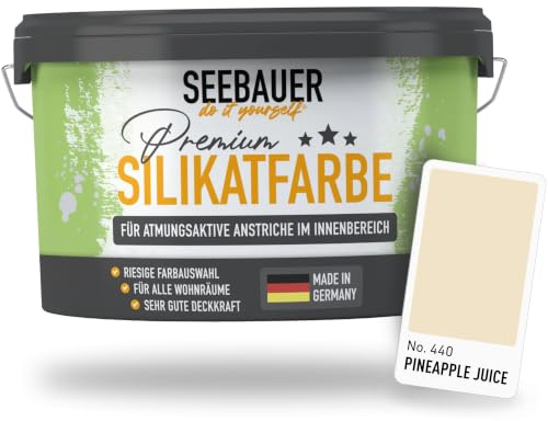 SEEBAUER diy Silikatfarbe Gelb 10L für Innen (No. 440 Pineapple Juice) Atmungsaktive Mineralfarbe für Allergiker - Abwaschbare Wandfarbe - Gelbtöne hohe Deckkraft