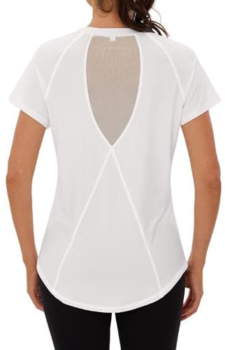 Terecey Gym Tops Women, Sports T-Shirt Workout Yoga Tops, Short Sleeve Lightweight Moisture Running Top for Ladies with Back Mesh S-3XL White