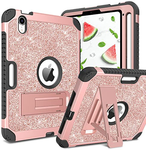YINLAI for iPad Mini 7(A17 Pro)2024/iPad Mini 6 Gen 2021 Case Glitter Three Layers Full Body Protective Kickstand Shockproof Girls Women Tablet Case for iPad Mini 7/Mini 6 8.3 Inch, Rose Gold/Pink