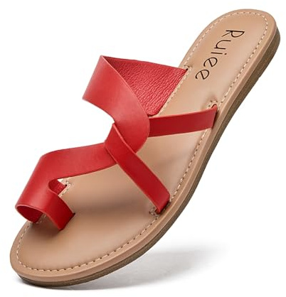 Women's Flat Slides Sandals,Flip Flop Thong Summer Cool Beach Shoes Slip On Strapy Sandal for Women.22003 Red PU Size4