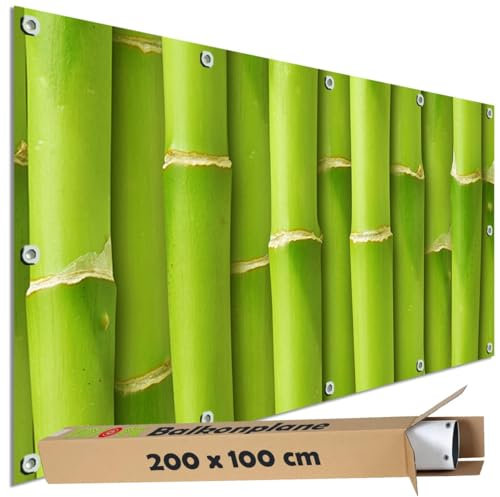 TRIOSK Sichtschutz Balkon Deko Plane Balkonblende Blickdicht mit Motiv Bambus Stäbe Optik für Garten Terrasse Gartenzaun Balkonverkleidung Blickschutz PVC groß 200x100 cm Grün