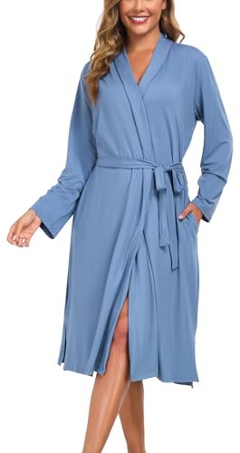 Beuwltpa Robe de chambre légère pour femme, peignoir long en tricot doux pour vêtements de détente et de nuit, bleu clair, L