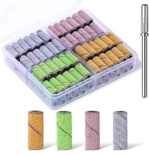 Makartt Nail Drill Bits Sanding Bands -100 PCS Fine 80/120/180/240 Grit | 4 Color Coarse Fine File Sand with 3.1mm Mini Mandrel Nail Bit Set for Acrylic Nails Gel Manicures and Pedicure