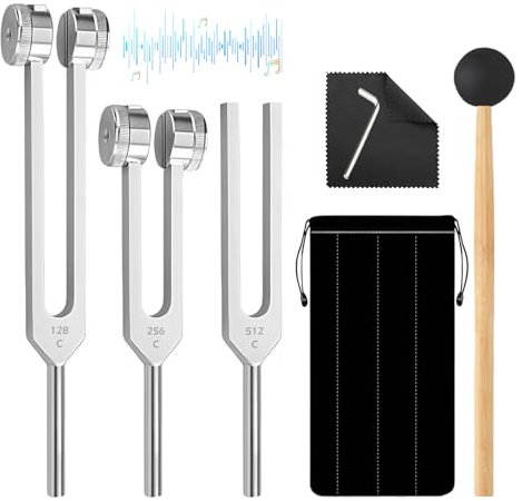 Stimmgabel Set, Stimmgabel 128 hz, 256 Hz, 512 Hz für Therapie und Neurologie, Stimmgabel Neurologie, aus Aluminiumlegierung mit Silikonhammer und Holzhammer, Ideal für Klangtherapie Heilung