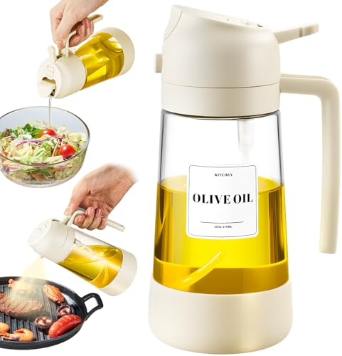 PARACITY Oil Dipenser Bottle with Silicone Bottom, 2 in 1 Olive Oil Sprayer and Dispenser, Oil Spray Bottle 500ML/ 17OZ for Cooking, Kitchen, BBQ, Air Fryer, Salad, Baking(1PC White) | Silicone bottom improves grip; wide mouth eases refills, with spray and pour modes for BBQ, air fryer, salad, and baking.