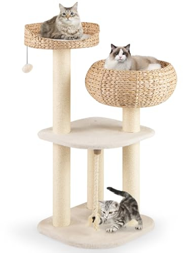 Tangkula Arbre à chat moderne, grande tour à chat avec griffoir en sisal naturel, niche en osier fait à la main et perchoir supérieur, balle amusante à suspendre, joli arbre à chat pour chats