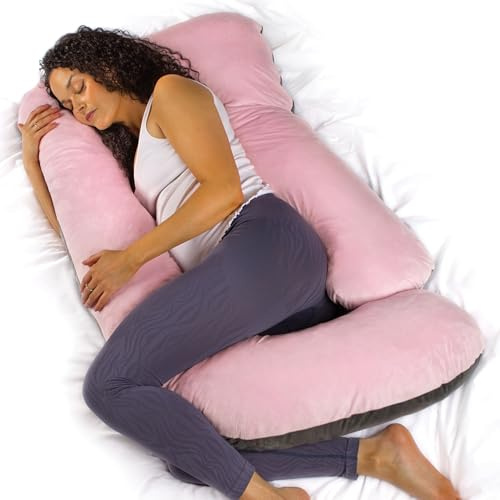 Aamira J Shaped Pregnancy Pillow, Memory Foam, Pink & Dark Grey | 140 x 70 x 20cm maternity pillow with shredded memory foam, full-body J-shape support and removable washable velvet cover.