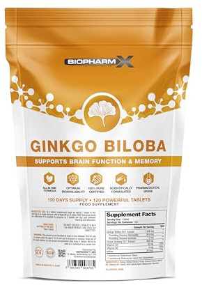 Ginkgo Biloba 7000mg & Panax Ginseng 600mg (120 Vegan Tablets / 4 Month Supply) with Vitamin B3 & B5 - Brain, Memory, Focus & Mental Clarity Support